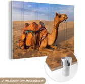 MuchoWow® Glasschilderij 30x20 cm - Schilderij glas - Dromedaris kameel in zandduinen - Foto op acrylglas - Schilderijen