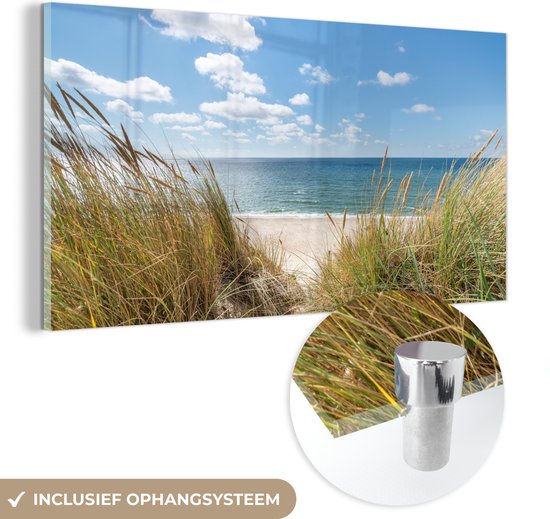 Glasschilderij - Foto op glas - Zee - Natuur - Strand - Helmgras - Schilderijen woonkamer - 80x40 cm - Acrylglas - Wanddecoratie - Schilderij glas - Acrylplaat