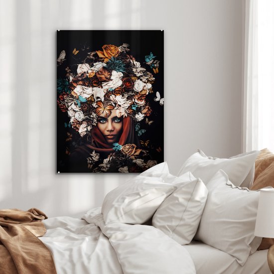 Peinture sur Verre - Fleurs - Papillon - Femmes - Foulard - 60x80 cm - Peintures sur Verre Peintures - Photo sur Glas