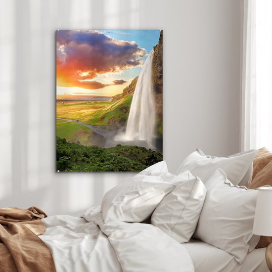 Peinture sur verre - Photo sur verre - Cascade - Rocher - Coucher de soleil - Verre acrylique - Peinture sur Verres - Décoration murale - Feuille acrylique - 60x80 cm - Décoration murale