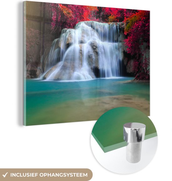 Peinture sur verre - Plaque acrylique - Cascade - Érable japonais - Rouge - Water - Photo sur verre - Verre acrylique - Peinture sur Verres - Décoration de chambre - 120x90 cm - Décoration murale