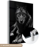 Glasschilderij - Foto op glas - Acrylglas - Dieren - Wolf - Zwart - Wit - Muurdecoratie - 90x120 cm - Wanddecoratie - Glasschilderij wolf - Muurdecoratie dieren