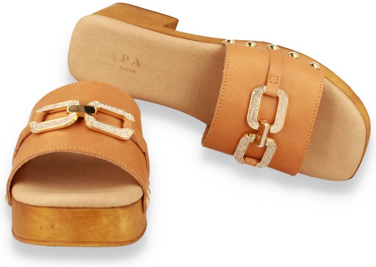 Scapa Cognac Slippers Dames Scapa Dames Klompje Naturel Cognac