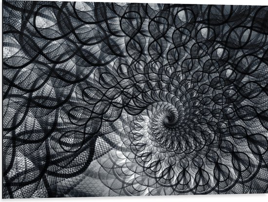 Dibond - Cirkelvormig Patroon met Zwart, Wit en Grijs - 80x60 cm Foto op Aluminium (Wanddecoratie van metaal)