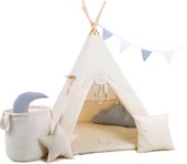 Tente TIPI Beige pour enfants Set XXL TIPI + 4 coussins + tapis de jeu + ligne de drapeau + panier à jouets + housse + attrape-rêves