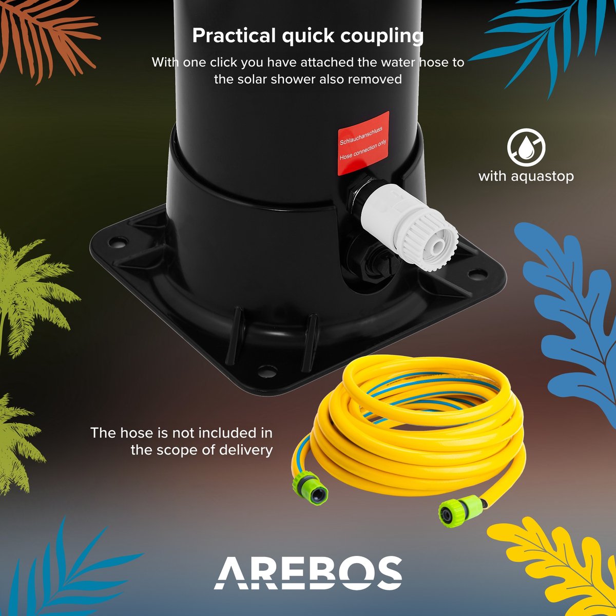Arebos Zonnedouche 20 liter | 228 cm | geïntegreerde thermometer & voetdouche | zwart | tot 60 °C | met tuinslangaansluiting | montagemateriaal en beschermhoes inbegrepen