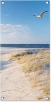 Tuinposter strand - Tuindecoratie zee duinen - 40x80 cm - Tuinschilderij voor buiten - Tuindoek zomer - Wanddecoratie tuin - Schuttingdoek - Balkon decoratie - Muurdecoratie - Buitenposter