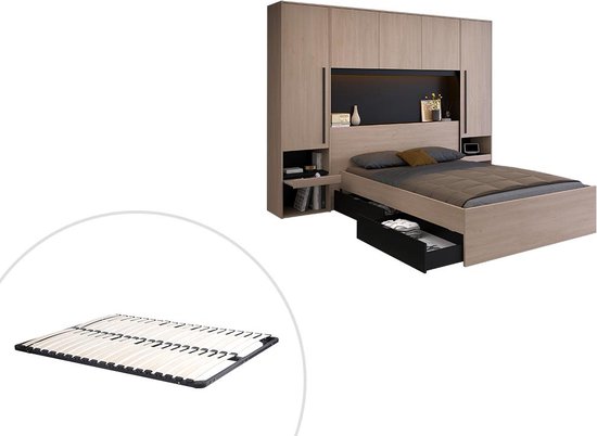 Bed met opbergruimte 140 x 190 cm - Met ledverlichting - Kleur: naturel en zwart + bedbodem - VELONA L 265.2 cm x H 202.8 cm x D 233 cm