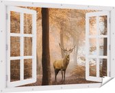 Gards Tuinposter Doorkijk Hert in het Bos - Herfst - 180x120 cm - Tuindoek - Tuindecoratie - Wanddecoratie buiten - Tuinschilderij