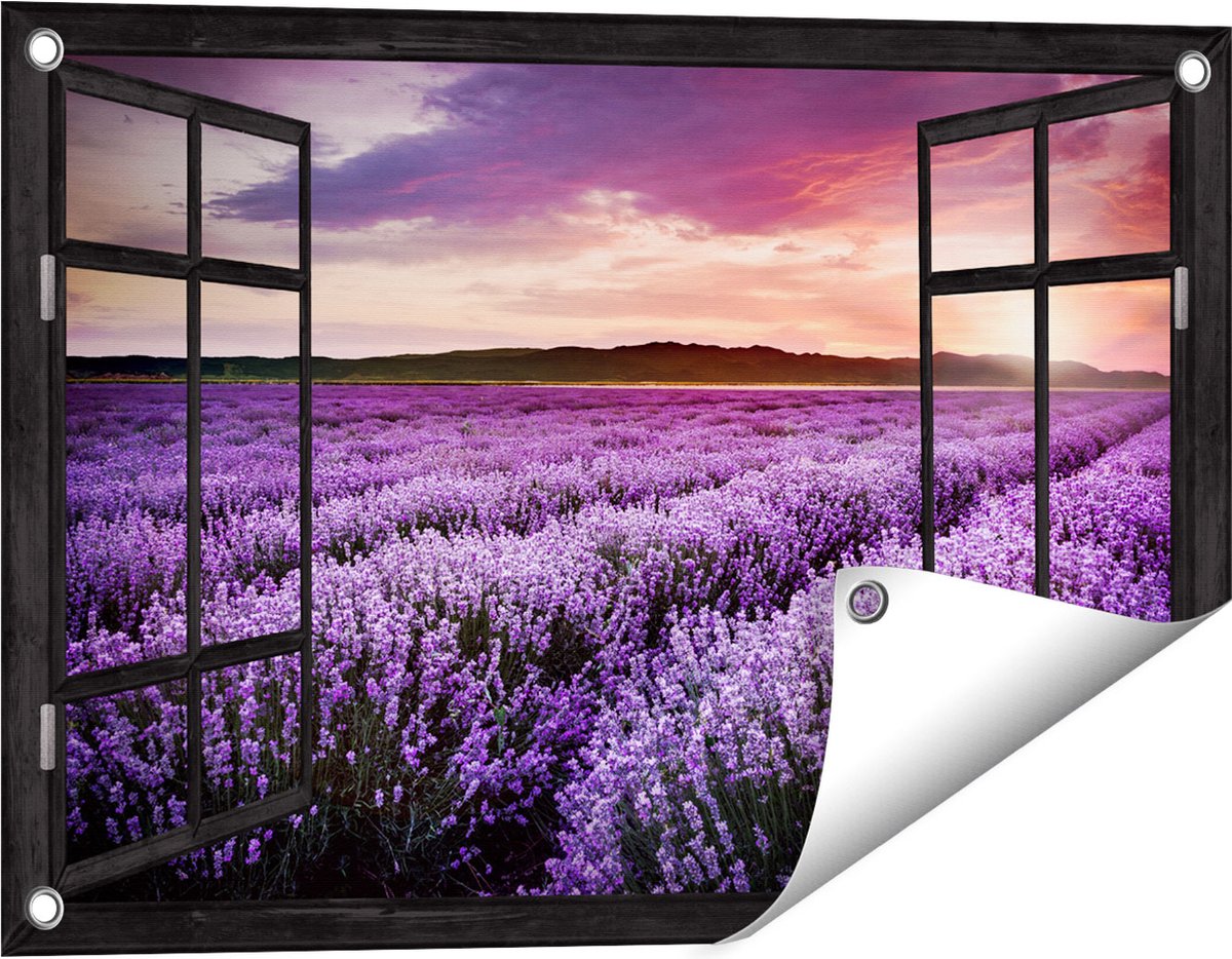 Gards Tuinposter Doorkijk Bloemenveld met Paarse Lavendel - Bloemen - 60x40 cm - Tuindoek - Tuindecoratie - Wanddecoratie buiten - Tuinschilderij Zwart