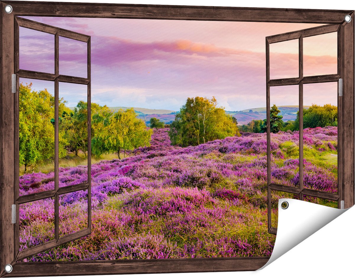 Gards Tuinposter Doorkijk Paarse Weide - 90x60 cm - Tuindoek - Tuindecoratie - Wanddecoratie buiten - Tuinschilderij