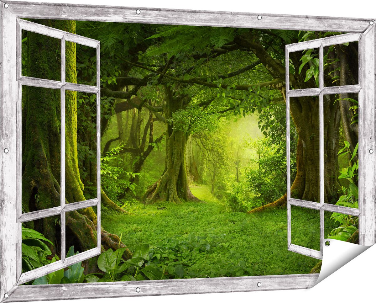 Gards Tuinposter Doorkijk Groene Tropische Jungle Bos - 150x100 cm - Tuindoek - Tuindecoratie - Wanddecoratie buiten - Tuinschilderij Grijs