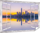 Gards Tuinposter Doorkijk New York Skyline bij Zonsopgang - 180x120 cm - Tuindoek - Tuindecoratie - Wanddecoratie buiten - Tuinschilderij