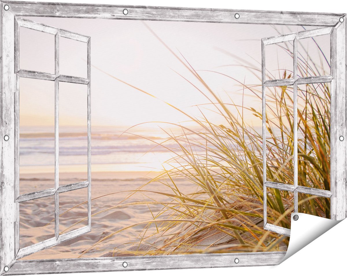 Gards Tuinposter Doorkijk Strand en Duinen tijdens Zonsondergang - 120x80 cm - Tuindoek - Tuindecoratie - Wanddecoratie buiten - Tuinschilderij Grijs