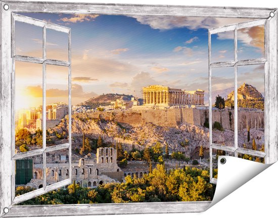 Gards Tuinposter Doorkijk Akropolis van Athene, Griekenland - Architectuur - 90x60 cm - Tuindoek - Tuindecoratie - Wanddecoratie buiten - Tuinschilderij