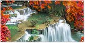 Tuinposter - Waterval - Natuur - Water - Oranje - Rood - Bladeren - 160x80 cm - Tuin - Tuindoek - Tuindecoratie - Tuinposter waterval