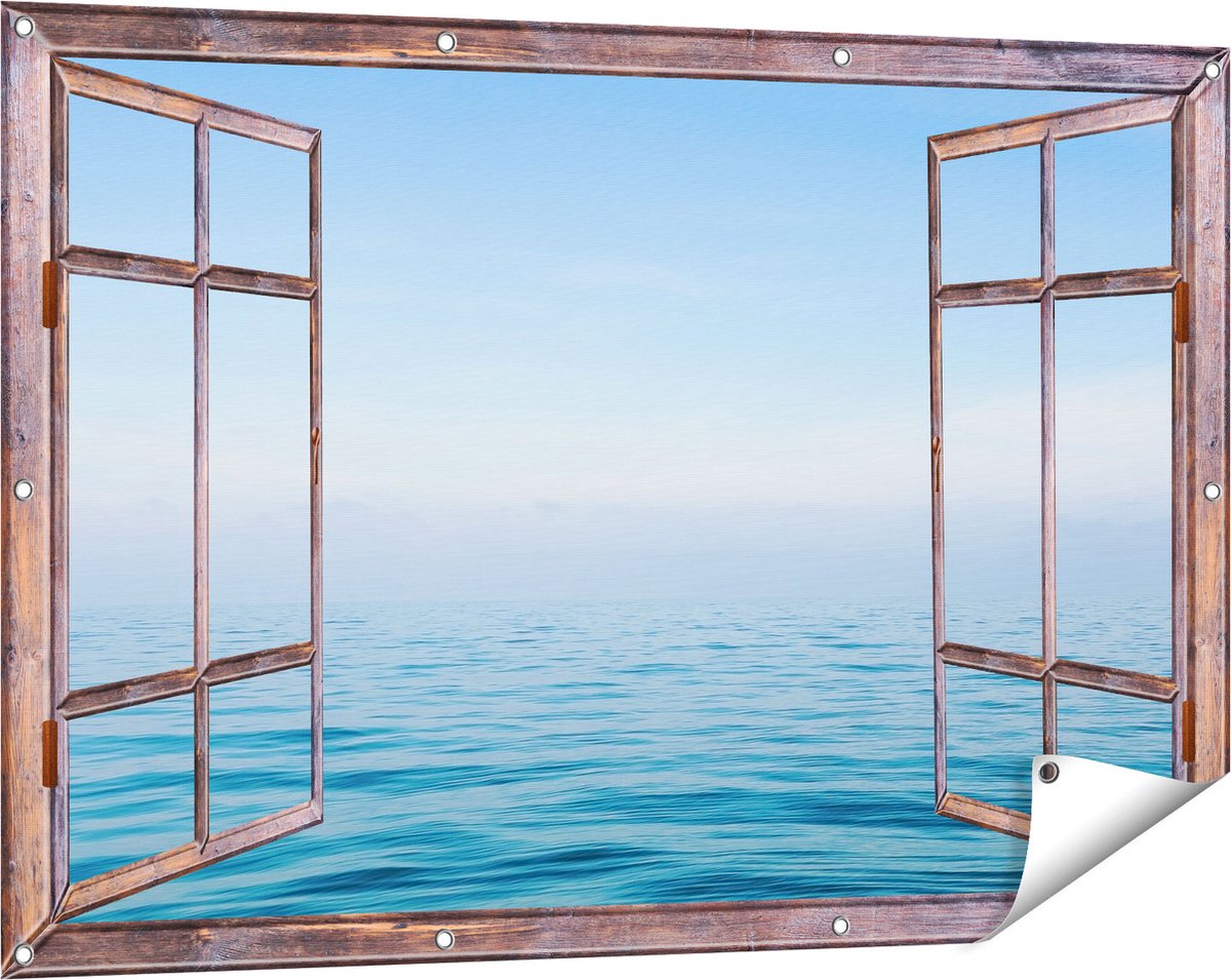 Gards Tuinposter Doorkijk Zee met een Blauw Hemel Achtergrond - 120x80 cm - Tuindoek - Tuindecoratie - Wanddecoratie buiten - Tuinschilderij Bruin