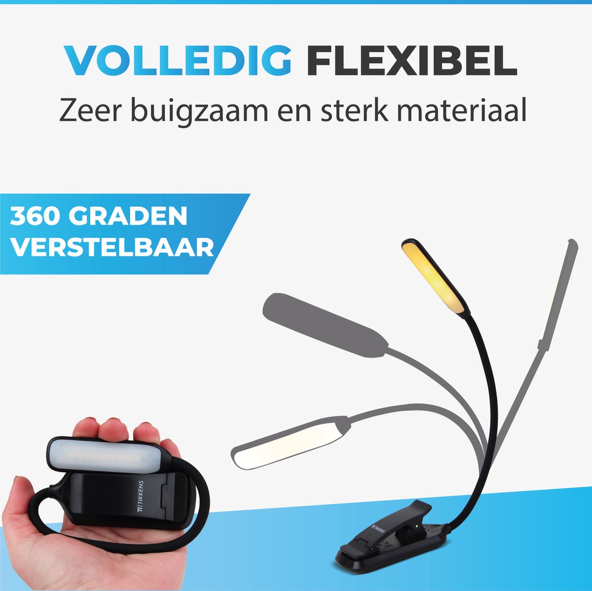 Tikkens LED Leeslampje voor Boek - Nachtkastje Leeslamp voor in bed - Boeklamp USB Oplaadbaar met Klem - Boeklampje met 3 Lichtstanden — cadeau in Gadgets - foto 3
