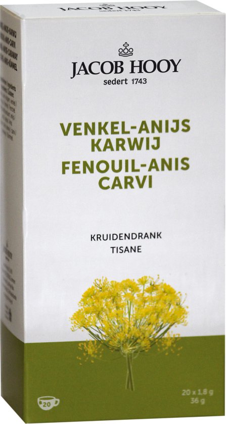 Jacob Hooy Venkel-Anijs Karwij kruidendrank, 20 zakjes. Doos met venkelbloesem en tekst "Jacob Hooy"