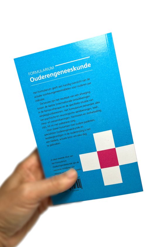 Blauwe omslag met witte en roze kruis, met de tekst 'Formularium Ouderengeneeskunde'.