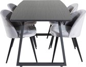 IncaBLBL eethoek eetkamertafel uitschuifbare tafel lengte cm 160 / 200 zwart en 4 Velvet eetkamerstal velours lichtgrijs.