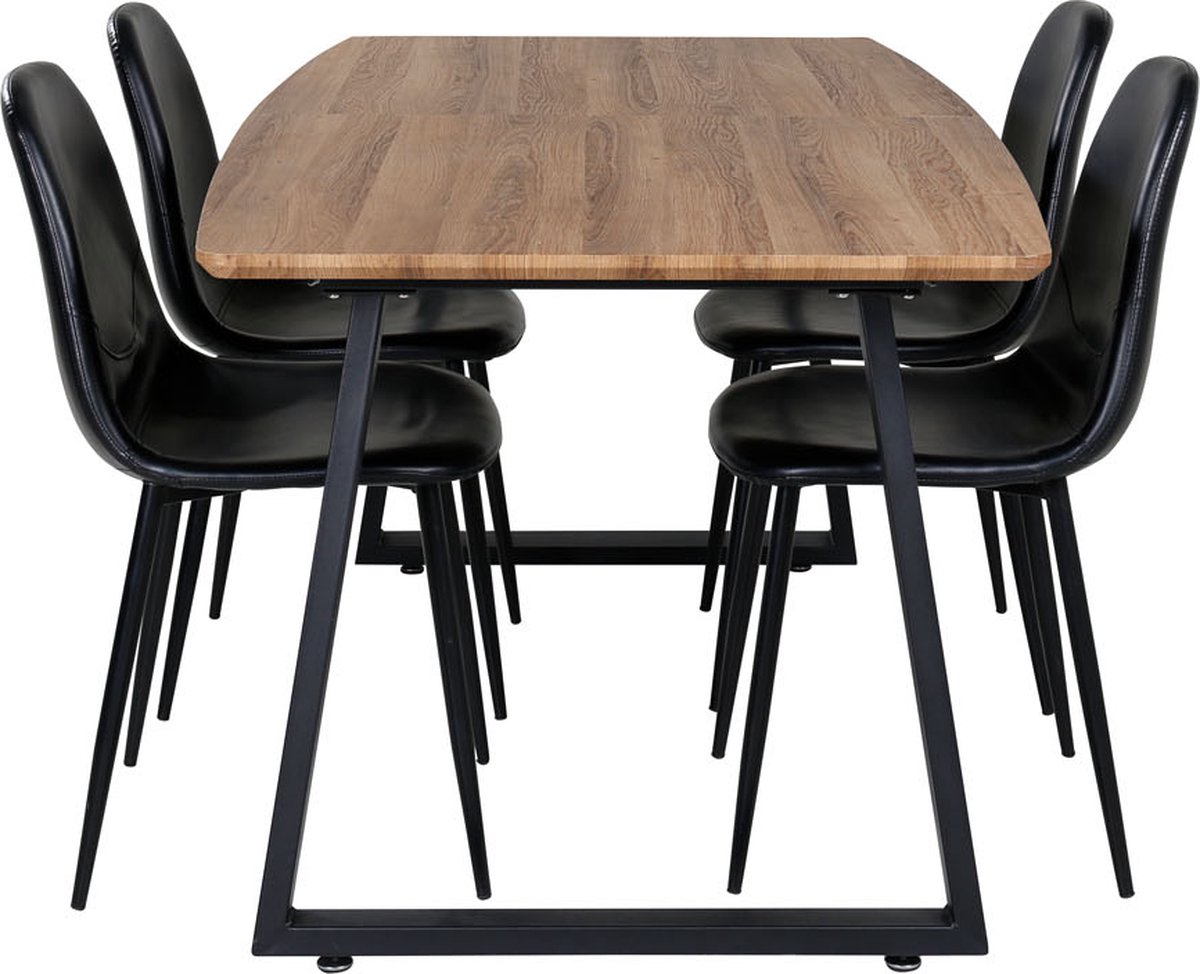 IncaNABL eethoek eetkamertafel uitschuifbare tafel lengte cm 160 / 200 el hout decor en 4 Polar eetkamerstal PU kunstleer zwart PU kunstleer.