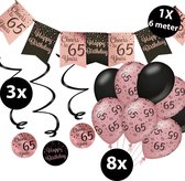 Verjaardag Versiering Pakket 65 jaar Roze en Zwart - Ballonnen Zwart & Roze (8 stuks) - Vlaggenlijn Rosé en Zwart 6 meter (1 stuks) - Vlaggenlijn gekleurd 65 jarige - Vlaggetjes Slinger Verjaardag 65 Birthday - Birthday Party Decoratie (65 Jaar)