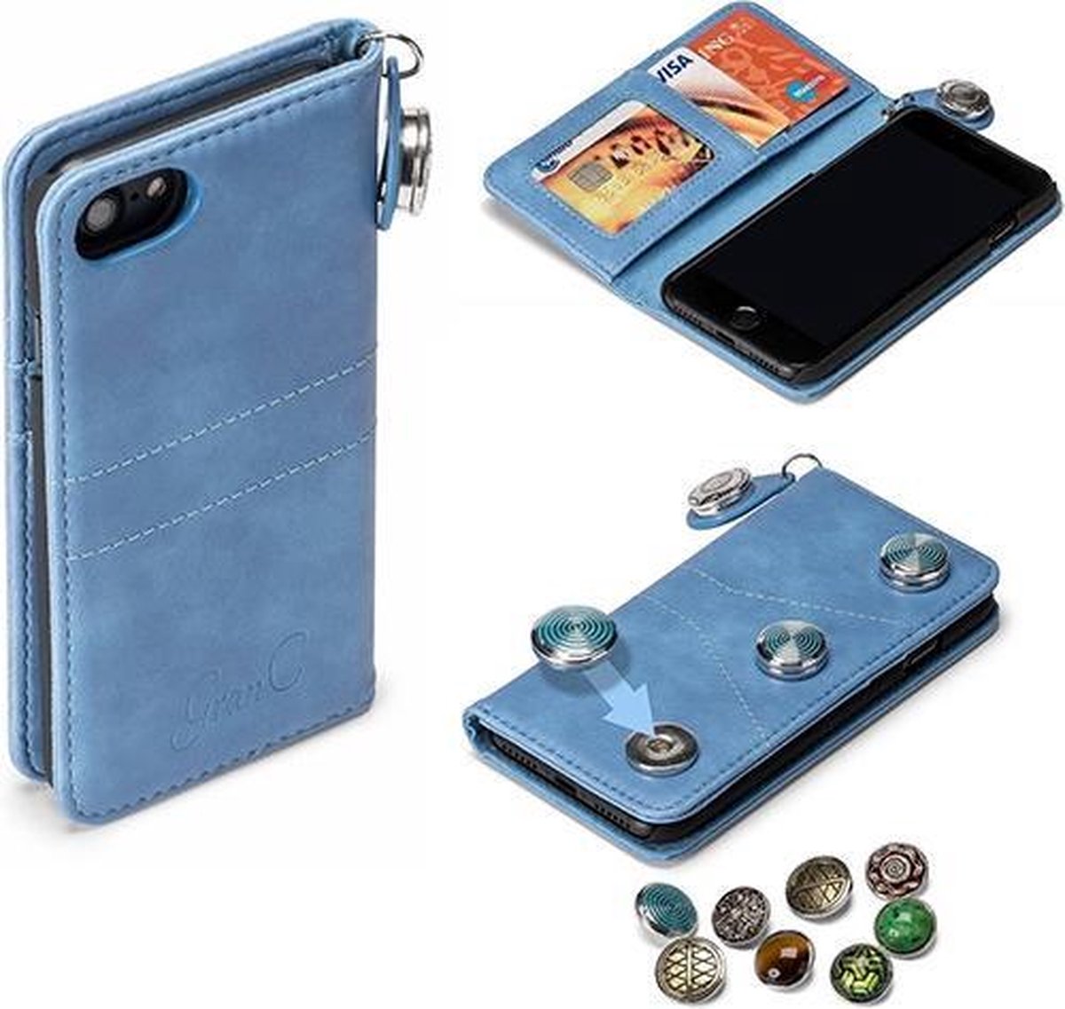 GranC - drukknopen wallet hoes - Geschikt voor iPhone SE (2022 / 2020) / 8 / 7 / 6(s) - Lichtblauw