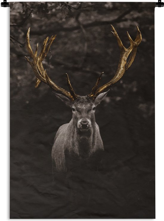 Wandkleed - Hert - Dieren - Goud - Luxe - Wanddoek - Muurdecoratie woonkamer - Wandtapijt - Muurkleed - 90x135 cm - Woondecoratie - Katoen - Tapestry - Wandkleden