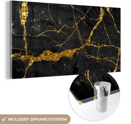 MuchoWow® Glasschilderij 160x80 cm - Schilderij acrylglas - Marmer - Goud - Zwart - Marmerlook - Luxe - Glitter - Foto op glas - Schilderijen