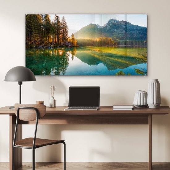 Peinture sur verre - Plaque acrylique - Lac - Water - Vert - Montagnes - Arbre - Décoration murale - Peinture sur verre - Verre acrylique - Photo sur verre - 120x60 cm - Peinture sur verre nature - Décoration murale