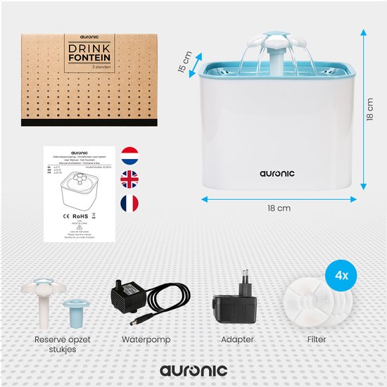 Auronic Drinkfontein - Waterfontein voor Katten en Honden - 2L - Dieren Drinkbak - Incl. 4 Filters - Zwart