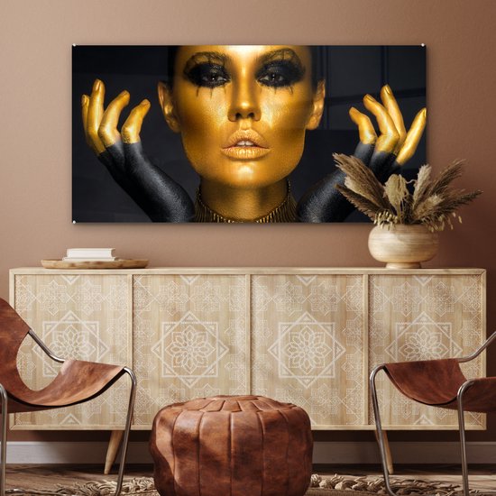 MuchoWow® Peinture sur Verre - Femme - Portrait - Or - Luxe - Zwart - 120x60 cm - Peintures sur Verre Acrylique - Photo sur Glas