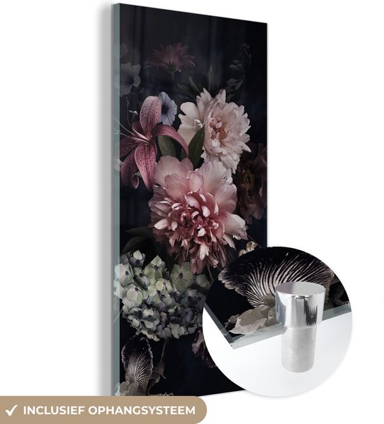 Glasschilderij bloemen - Vintage - Pastel - Zwart - Boeket - Schilderij glas - 60x120 cm - Decoratie bloemen - Acrylglas - Foto op Glas