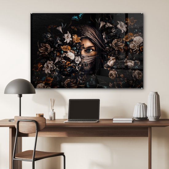 Peinture sur Verre - Femme - Foulard - Fleurs - Papillons - 120x80 cm - Peintures sur Verre Peintures - Photo sur Glas