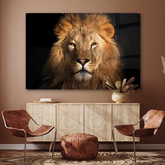 Peinture sur verre - Verre acrylique - Lion - Zwart - Animal - Décoration murale - Peinture sur verre - 150x100 cm - Photo sur verre