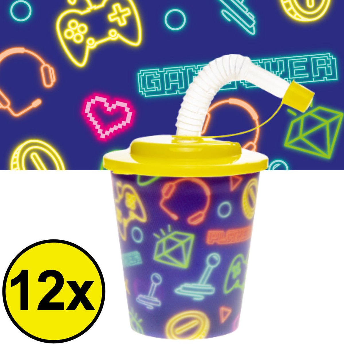 Goedkoopste 12 STUKS GAMER 3D Drink Beker met Rietje en Deksel - 250ML - Gamers Plastic Bekers - Kinderfeestje - Kinderverjaardag Bekertjes - Traktatie - Uitdeelcadeaus