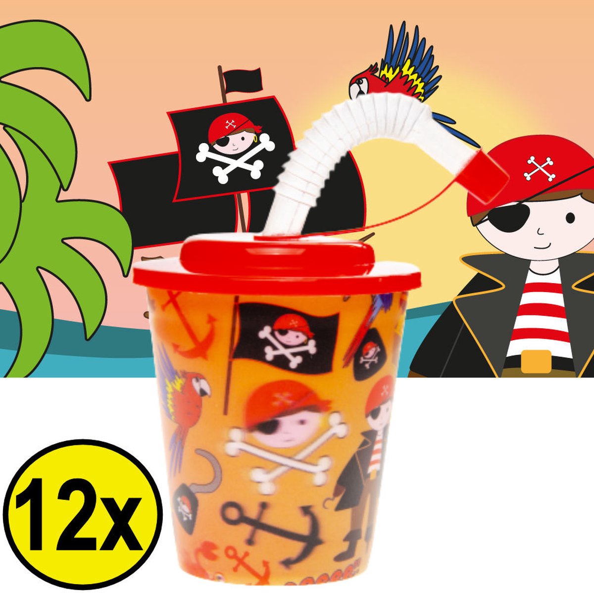 Goedkoopste 12 STUKS PIRAAT 3D Drink Beker met Rietje en Deksel - 250ML - Piraten Plastic Bekers - Kinderfeestje - Kinderverjaardag Bekertjes - Traktatie - Uitdeelcadeaus