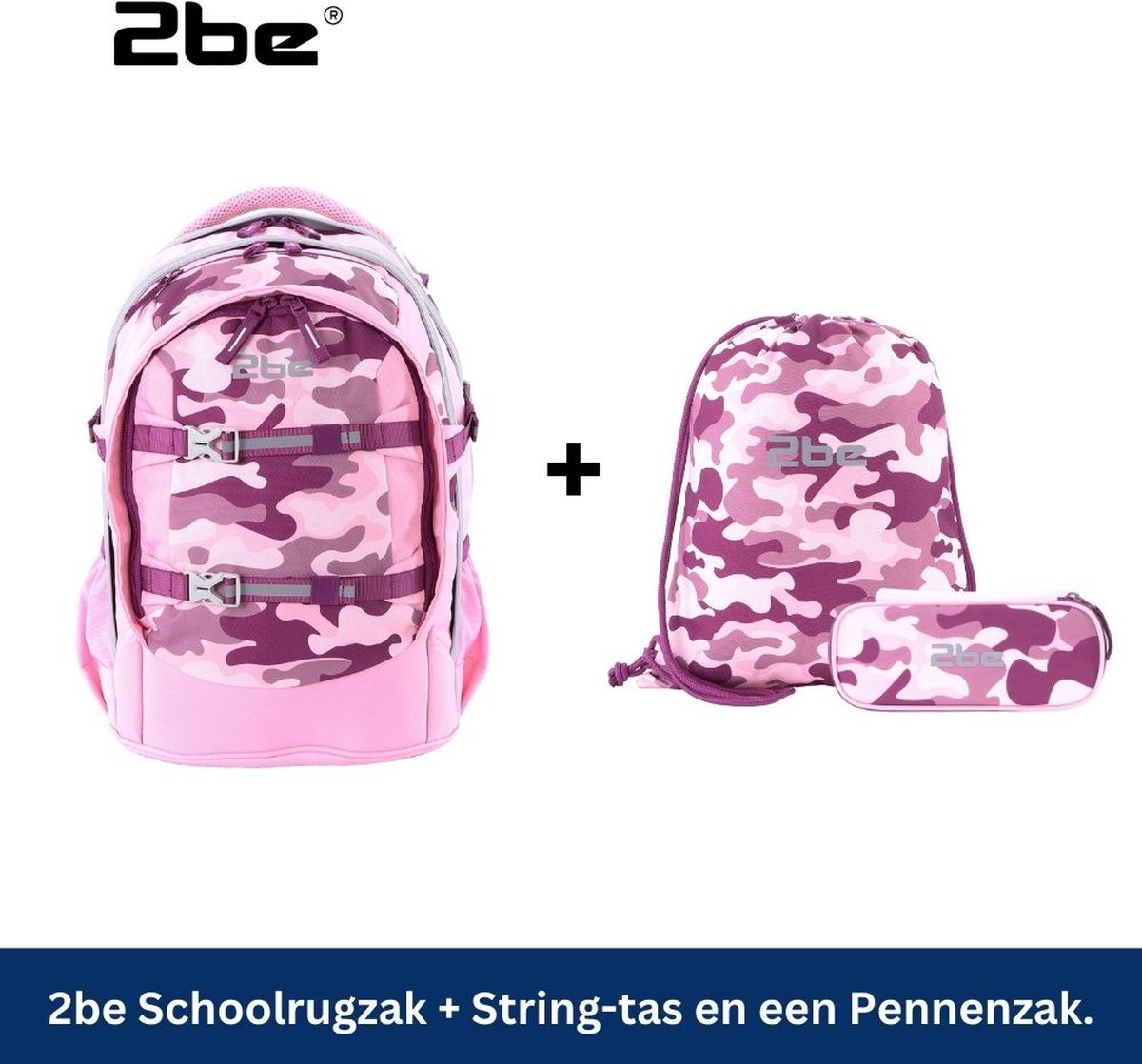 2be Schoolrugzak met 15 inch laptopvak | gymtas en pennenzak | Roze - Roze Bourgondië
