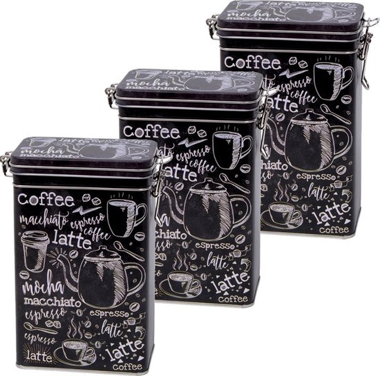 3x Zwart rechthoekige koffieblikken/bewaarblikken 19 cm - Koffie voorraadblikken - Koffiepads/koffiecups voorraadbussen