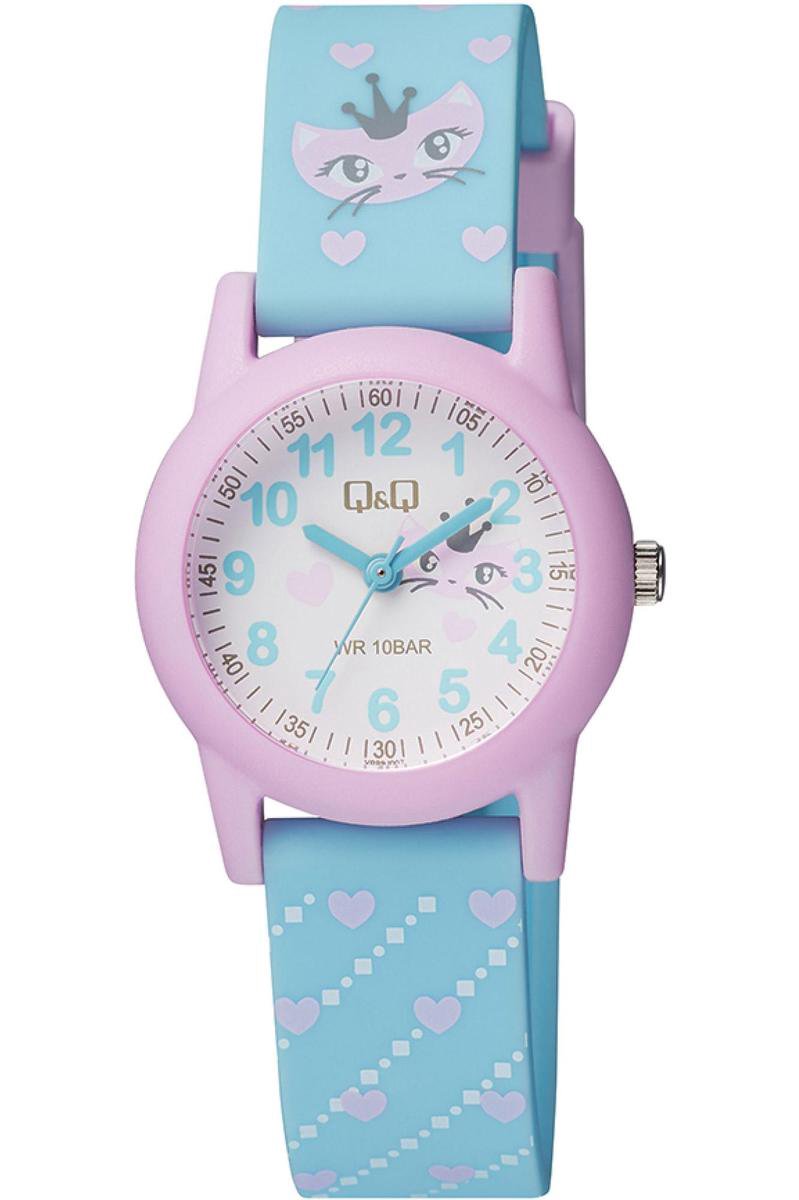 QQ VR99J007Y - Horloge - Polshorloge - Sport - Analoog - Kinderen - Unisex - Plastic band - Rond - Kunststof - Cijfers - Sreepjes - Roze - LichtBlauw - Wit - 10 ATM