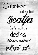 Spreukenbordje: Calorieën, Dat Zijn Toch Beestjes Die 's Nachts Je Kleding Kleiner Maken? | Houten Tekstbord