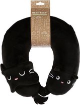 Zwarte kat/poes nekkussen met slaapmasker set voor kinderen - Knuffeldier reisset - Kussentjes en slaapmaskers voor onderweg, in het vliegtuig of in de auto