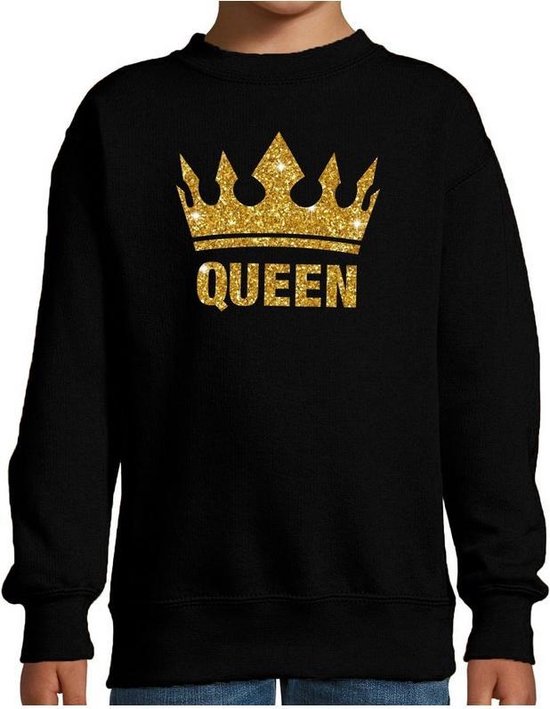 Zwarte Queen gouden glitter kroon sweater / trui kinderen - Zwarte Koningsdag kleding 98/104