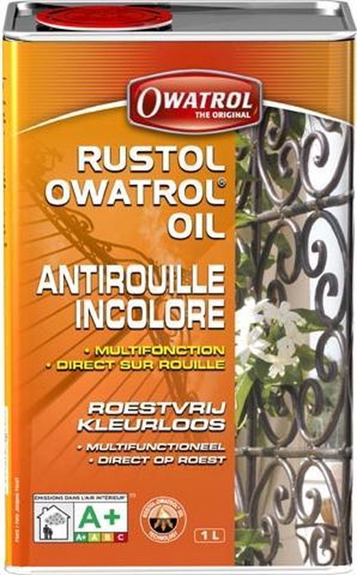 Owatrol Rustol Owatrol Oil blik, met sierhekwerk met witte bloemen.
