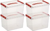6x Sunware Q-Line opberg boxen/opbergdozen 22 liter 40 x 30 x 26 cm kunststof - opslagbox - Opbergbak kunststof transparant/rood