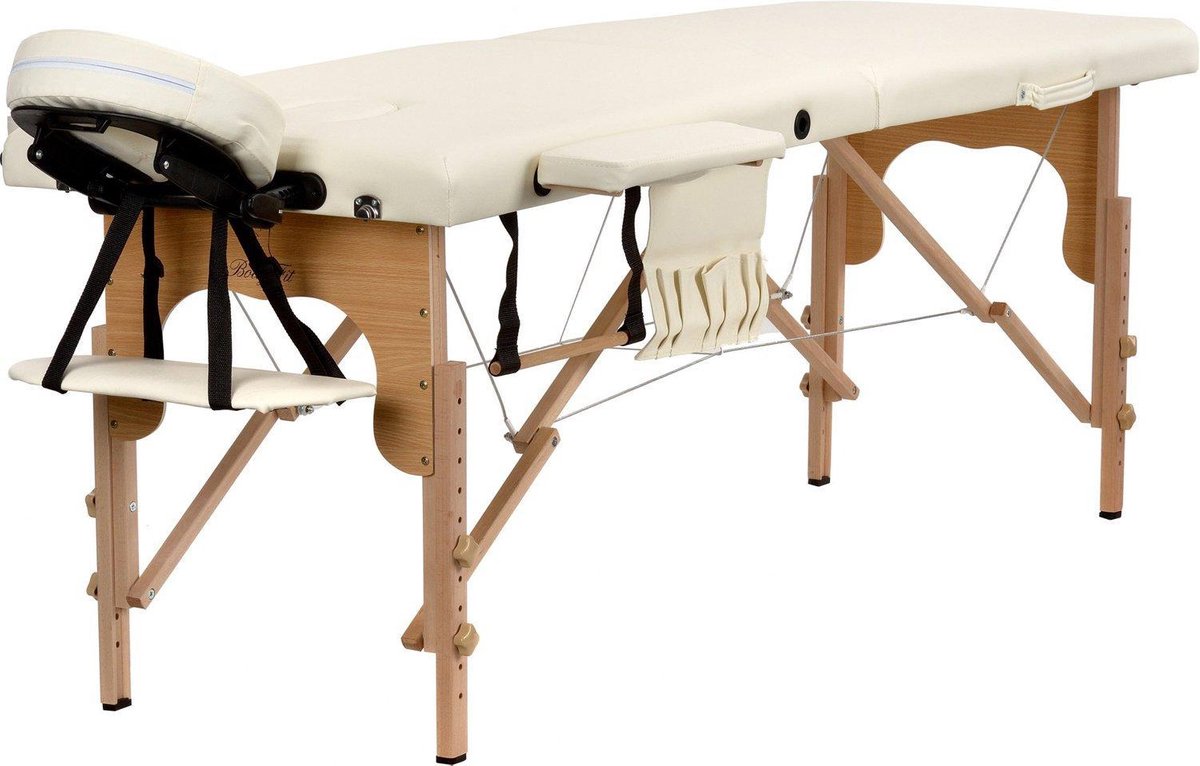 Houten massagetafel - 2 verstelbare segmenten - crème ECO-leer - 216 cm lang
