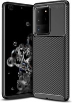 HB Hoesje Geschikt voor Samsung Galaxy S20 Ultra - Carbon Textured Back Cover - Zwart