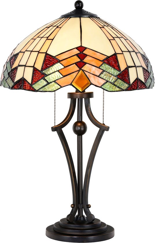 LumiLamp Tiffany Tafellamp Ø 40x60 cm Beige Rood Glas Tiffany Bureaulamp