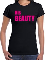 His beauty t-shirt zwart met roze letters voor dames XS